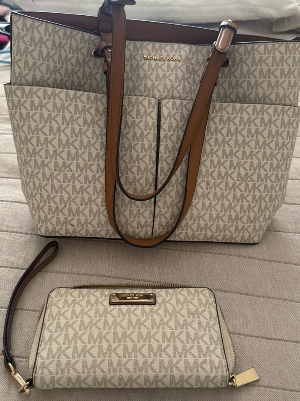Michael Kors Beige MK Logo Tote and Wallet with Brown Straps